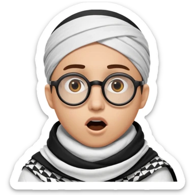A person with light skin tone, wearing a traditional white keffiyeh with a black agal, large brown eyes, round glasses, and an open mouth showing a surprised or shocked expression. sticker