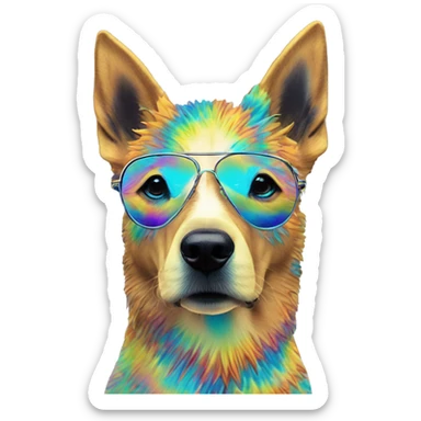 Multicolored rainbow retro groovy tie dye hippie trippy floral patterns on a metallic holographic iridescent blue dog face head unicorn sticker