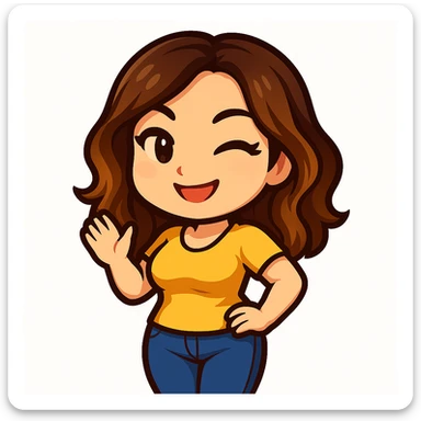 Create a chibi emote of a woman from the reference images with a slightly skinnier body and bigger chest, wearing a yellow t-shirt and blue jeans, winking, cute playful face, no headband, no wand, no green heart, transparent background, and top color not matching jeans, matching the attached green heart emote as a base style. sticker