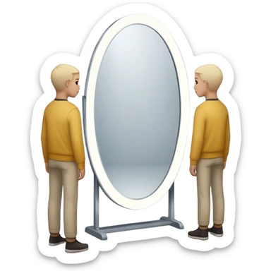 A person looks into a mirror, but instead of their own face, they see a larger figure watching them—distant, imposing, and unreadable. As they step back, the reflection fades, revealing only themselves. They turn away, realizing the power was never in the reflection but in walking away. sticker