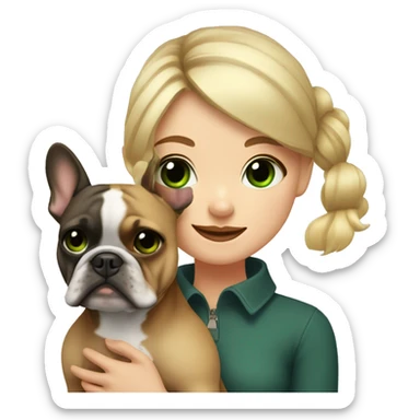 A blonde girl with green eyes with a square hugs a French bulldog with brown eyes and dark gray fur sticker