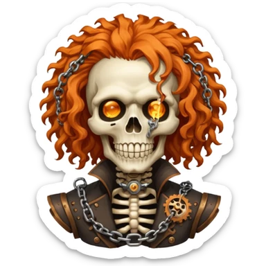 steam-punk Megadeth iconic skeleton mascot with a rusty chain in his teeth, huge curly orange hair sticker