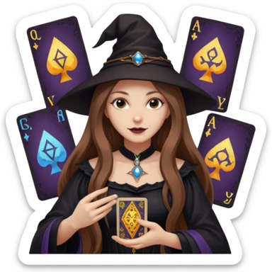 dark witch girl with long light brown hair and Tarot cards sticker