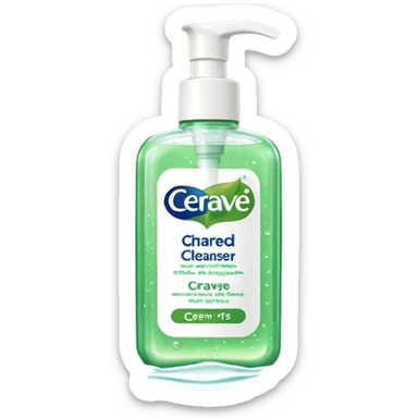 `CeraVe-shaped cleanser white rectangular pump bottle with soft green label CeraVe” stripe. Surrounded by floating water bubbles, glowing light particles, and a gentle green mist. Feels like a calm hydration spell in a bottle. Clean, glossy, emoji-style.`magical
 sticker