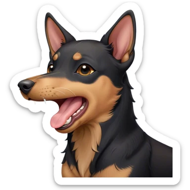 Cinematic Cute Yawning Black and Tan Kelpie Portrait Emoji, Head tilted slightly with a dramatic, wide-open yawn, showcasing a smooth black Fur with distinct tan accents, floppy ears slightly drooping, round dark eyes barely open in drowsy contentment, Simplified yet irresistibly adorable features, highly detailed, glowing with a soft, cozy glow, high shine, relaxed yet expressive, stylized with a touch of whimsy, bright and endearing, soft glowing outline, capturing the essence of a sleepy yet affectionate herder, so drowsy it feels like it could stretch out of the screen and curl up for a nap! sticker