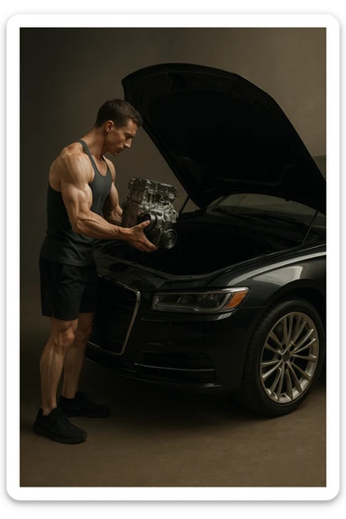 a lean, slimmed-down bodybuilder in gym clothes stands beside a large, imposing car (like an SUV or luxury sedan) with the hood open. Con attenzione e un po’ di fatica, solleva e installa un piccolo motore nel grande vano motore dell’auto. Il contrasto tra la stazza dell’auto e la dimensione ridotta sia del motore che del bodybuilder è evidente. L’atmosfera è riflessiva e simbolica. sticker
