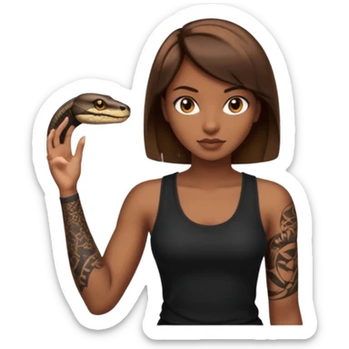 Femme brune yeux marron avec une coupe carré noir qui descend sur l'épaule , femme couleur de peau typé, avec un cobra a côté , débardeur noir , avec un tatouage sur le bras droit sticker