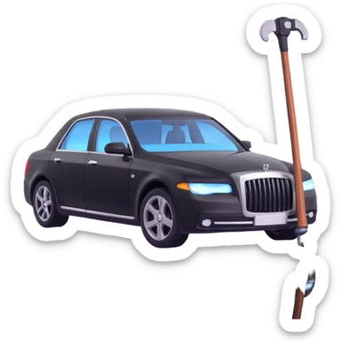 black luxury car with a visible dent, a hammer and a rod forming an X in the upper right part of the vehicle, reflection lamp illuminating the car, elegant and modern sticker