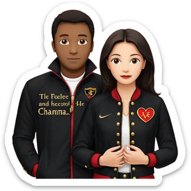 Crie um motoqueiro de jaqueta preta junto com uma mulher de jaqueta preta com um símbolo de um coração vermelho com chama vermelha e letras HL escrito em dourado dentro do coração vermelho, a mulher abraçado ao motoqueiro os dois de costas na moto Harley Davidson vermelha  sticker