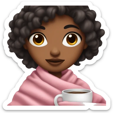 Brown skin girl with black silky hair with a cozy pink and white blanket on with brown eyes and coffe sticker