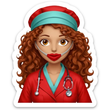 Sensual Spanish Lilith core evil surgeon.red outfit.  Surgeon has hazel eyes. Her hair is BROWN. Hair is also  long and  curly. wearing a sexy surgeon outfit with platform  heels.she is a calculated smart killer. She covers only her mouth and nose with silk scarf to hide identity  sticker