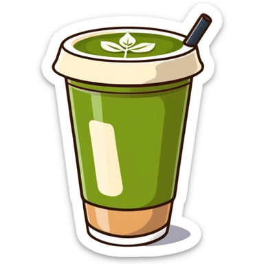 matcha latte with leaf detail, warm olive-brown tones, soft dreamy illustration sticker