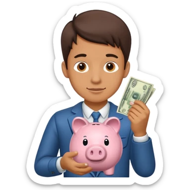 A young guy puts money in a piggy bank. sticker