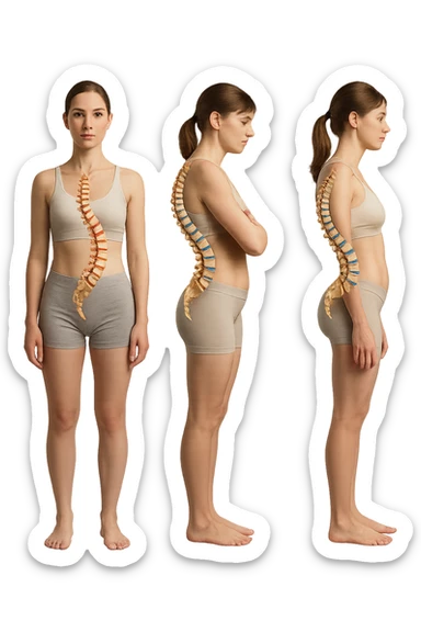 fai un immagine identica che riguarda 3 posture scorrette: scoliosi, ipercifosi e iperlordosi. falla iperrealistica anatomica in 4k con spina dorsale storta in evidenza su ogni figura sticker