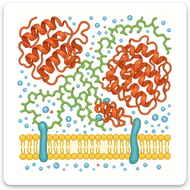 Ultra-realistic scientific illustration of enzymatic starch digestion at the cellular level, rendered in textbook-accurate detail. Show:

Multiple amylase enzyme molecules (red, with clear tertiary structure showing alpha-helices and beta-sheets) actively cleaving
Starch polymers (green amylose/amylopectin with accurate glucose unit linkages - α(1→4) and α(1→6) branches)
Cell membrane segment (yellow phospholipid bilayer with integral proteins and cholesterol molecules)
Reaction environment (blue water molecules, ionic interactions, pH-sensitive groups)
Molecular interactions (hydrogen bonds, substrate-enzyme transition state, electron cloud textures)
Technical Specifications:

Background: Pure white (#FFFFFF)
Accuracy: PDB-level structural correctness (reference 1SMD for amylase)
Exclusions: No labels
Special Details to Include:

Catalytic triad (Asp197, Glu233, Asp300) in amylase active site
Starch helix distortion during hydrolysis
Membrane protein channels for glucose transport sticker