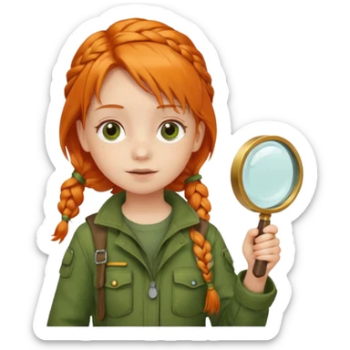 braid orange haired girl kid in moss green explorer outfit, holding magnifying glass sticker