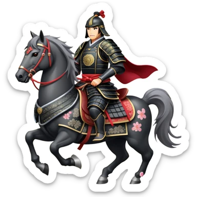 clash-of-clans-aesthetic_-cinematic-fearsome-and-majestic-samurai-bust-portrait-emoji, rendered in a flat, vector-style with minimal shading and bold, simplified shapes typical of emoji art, depicting a battle-hardened samurai with steely eyes and traditional black Japanese armor. The samurai is riding a noble grey warhorse adorned with an intricately designed saddle and fluttering banners, against a backdrop of cherry blossoms and a rising sun. a samurai on a   horse sticker
