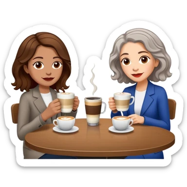 puerto rican woman light skin with shoulder-length, wavy, brown hair drinking latte with older, pale jewish woman with short, red gray, very straight hair drinking espresso at table sticker