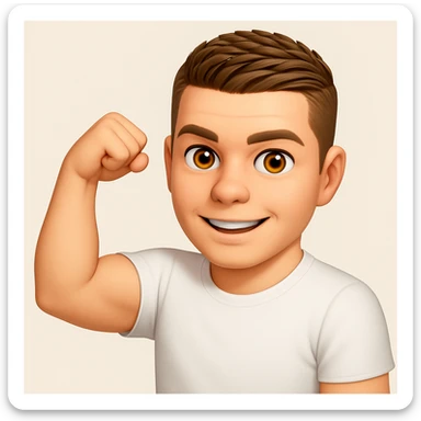 Based on these photos, make an emoji with facial features intact, man in white t-shirt, showing muscles sticker