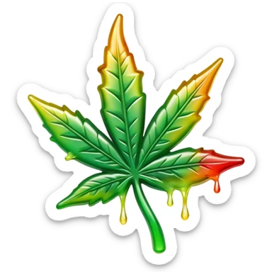 colorful shiny gusher gummy shaped like a cannabis leaf with dripping liquid effect sticker