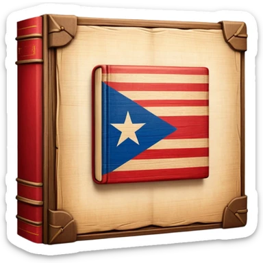 Elegant aged book with the Puerto Rican flag subtly embossed on the cover, carved wooden theater stage symbol, vintage textured cover with warm wood and parchment tones, slightly glowing, representing the eternal legacy of scenic design sticker