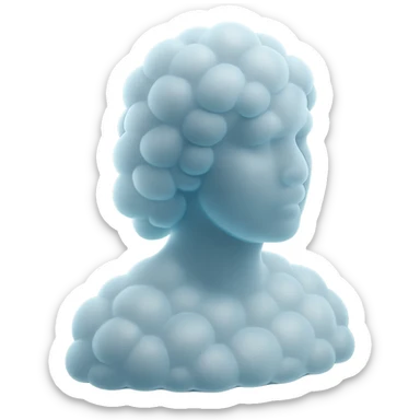 person looking straight, composed entirely of white fluffy convex clouds, shoulder length, matte glass style, no background sticker