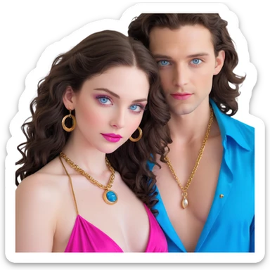 attractive couple embracing in romantic pose, woman with big blue-grey eyes, long lashes, pale skin, pink lips, long voluminous dark brown curls, gold hoop earrings, revealing silky halter top close to handsome man with intense blue-grey eyes, chiseled features, pale skin, confident smirk, dark brown styled hair, gold chain, revealing open shirt, faces close together sticker