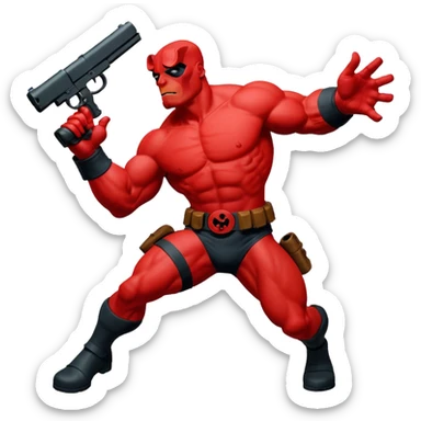 cinematic realistic superhero Hellboy by Mike Mignola jumps and shoots sticker