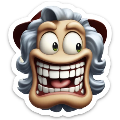 Laughing insane game character in Uncle Scrooge style, oil paint, mysterious eyes, intricate lips, masterpiece pose, odd perspective, beautiful, desirable, logical sticker