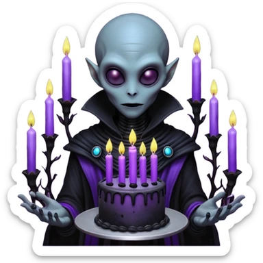 A tall mysterious alien holding a gothic black birthday cake with glowing purple candles, dark foggy alien planet, bioluminescent plants, dramatic shadows, dark fantasy sci-fi art, hyper detailed, moody lighting

 sticker