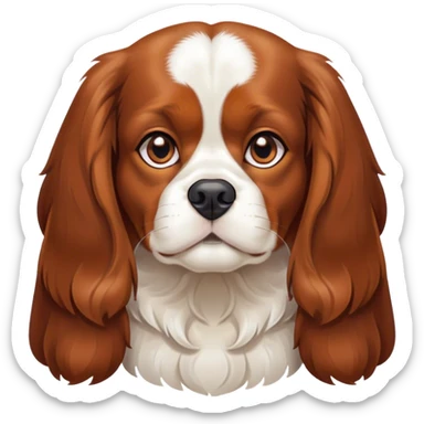 Cinematic Noble Blenheim Cavalier King Charles Spaniel Portrait Emoji, Poised and regal, with a graceful, medium build and a well-groomed Blenheim coat featuring rich chestnut and white markings, soulful brown eyes, Simplified yet sharp and sophisticated features, highly detailed, glowing with a soft, dignified glow, high shine, intelligent and affectionate, stylized with an air of elegance, focused and attentive, soft glowing outline, capturing the essence of a watchful and refined companion, so majestic it feels as though it could step out of the screen with effortless authority! sticker