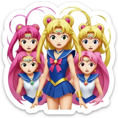Icon for Anime: vibrant, dynamic scene with heros from Bishoujo Senshi Sailor Moon in action, featuring exaggerated expressions and colorful backgrounds. The design should reflect the distinct, energetic style of anime, with iconic eyes and unique visual elements. Transparent background. sticker