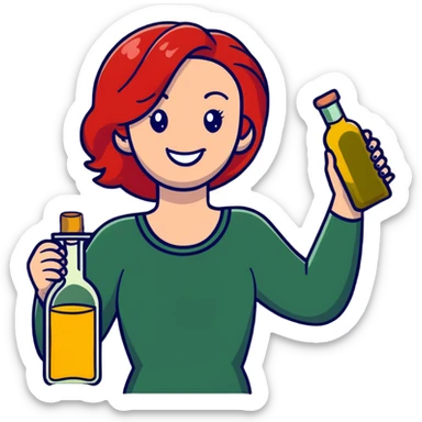 redhead woman with big smile holding olive oil bottle sticker