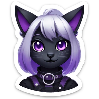 Gorgeous furry gothic dark techwear anime style anthro black cat furry sona Fakemon with blushing face aesthetic and pretty edgy black with violet collar and harness trending style sticker