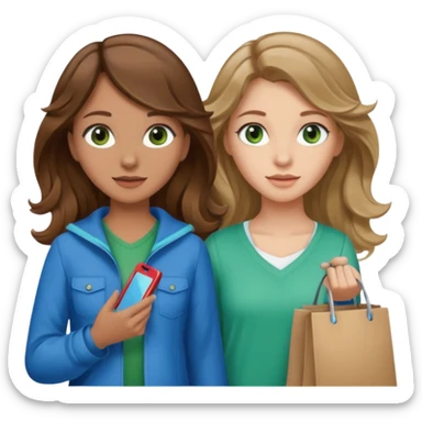 make me and my best friend togheter i have brown hair that falls on my shoulders and brown eyes and she has really long wavy brown hair with a little blonde and green/blue eyes we are shopping and i have BROWN eyes sticker