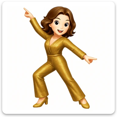 Make the woman do the exact pose of the 🕺🏻 emoji (one arm up, one arm out, one leg bent), keep white skin, brown hair, sparkly jumpsuit, emoji style sticker