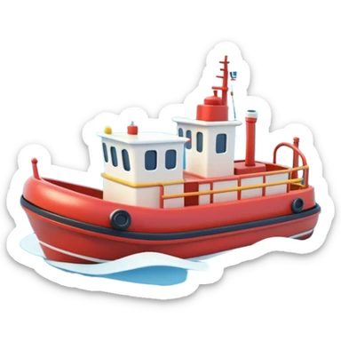 A 3D cartoon tugboat towing another boat on calm blue water, soft waves, clear sky, Memoji-style. sticker