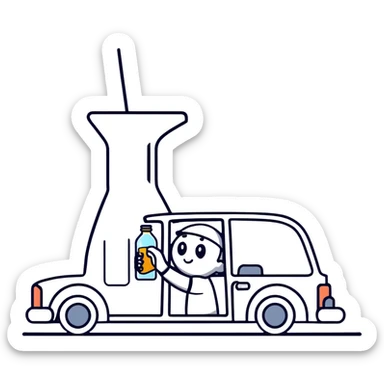 car with a driver sipping from a bottle, wobbly motion lines sticker