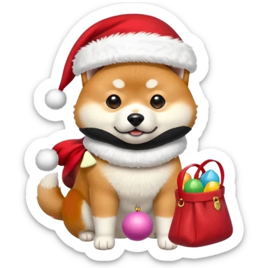 shiba inu wearing santa hat holding a bag of toys snowing sticker