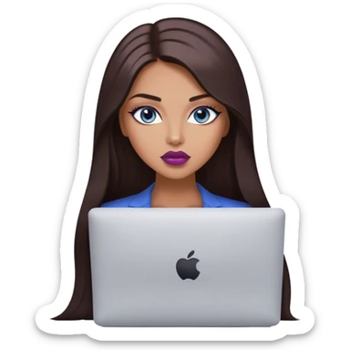 Glamours tanned very beautiful girl with pump mauve lips and dark chocolate straight smooth long hair, blue-grey eyes with MacBook sticker
