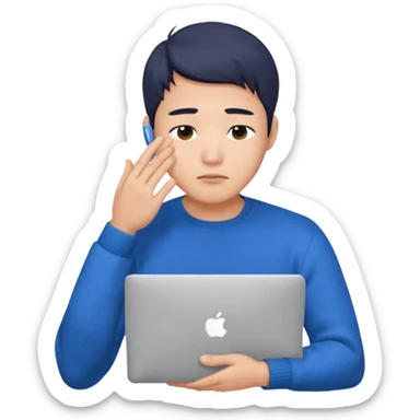 a asian handsome guy wearing a blue knit with white shirt, facepalming with only one hand, with a macbook, only upper body, high quality. more natural sticker