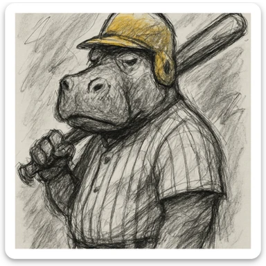 hippo holding a baseball bat, wearing a yellow helmet, pinstripes outfit sticker