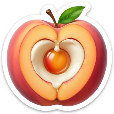 pink hole in the middle of a peach that doesnt go all the way through. milk is leaking out of the hole sticker