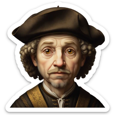Cinematic Realistic Rembrandt Portrait Emoji, depicted as a master painter with deep reflective eyes and dramatic chiaroscuro, rendered with intricate textures and moody historic lighting that captures his timeless artistry. sticker