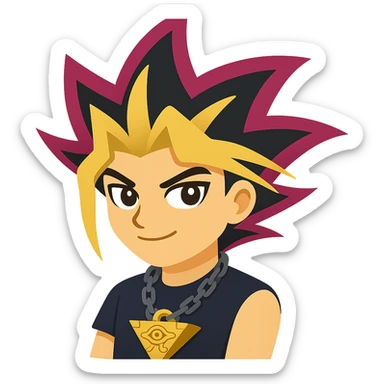 Create an emoji style version of Yugi from Yu-Gi-Oh inspired by the reference image. Expression should be determined with tricolor hair blowing in the wind and Millennium Puzzle necklace. The style should resemble apple style emojis with concise details. sticker