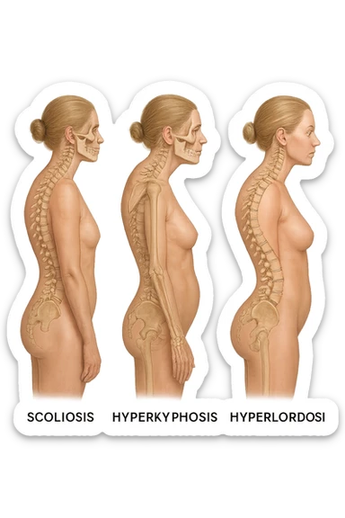 fai un immagine identica che riguarda 3 posture scorrette: scoliosi, ipercifosi e iperlordosi. falla iperrealistica anatomica in 4k sticker