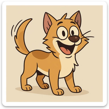 cheerful dog-cat hybrid, wagging tail, bright eyes, joyful, illustrated in a fun style sticker