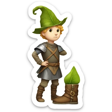 Medieval little whimsical little boy who is pale and he has a leaf hat and is about to get stepped on by a giant boot sticker