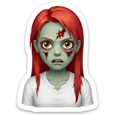 I want to draw a zombie woman, with a scar on her mouth and some bruises on her face, long, straight red hair, and black eyes. She'll be wearing a white shirt. sticker