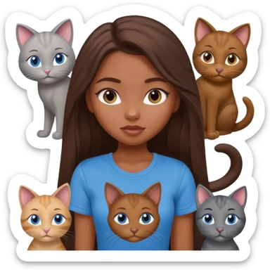 a pretty bratz dusky girl with long brown hair, blue eyes with six cats nd wearing a grey tshirt sticker